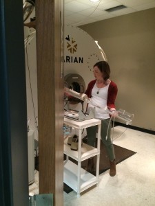 At the brain imaging center, a researcher told us about the logistics of doing brain research with mice. This is the small rodent MRI machine. She researches head trauma in old vs. young brains. It was fascinating.