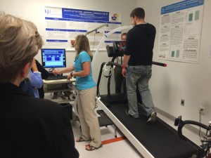 Dr. Billinger at the REACH lab is a physical therapist. Here she was showing us a little about stress tests. They do a lot of different research, including some research on people who have an increased risk Alzheimer’s. Notice all the posters on the walls? It was awesome to see, and gives me much more to talk about with my students when we create research posters. 